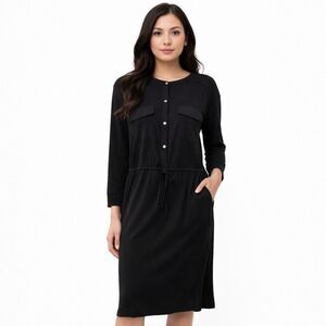 Lou & Grey For LOFT Shirt Dress Womens Medium Black Knit Drawstring Pockets